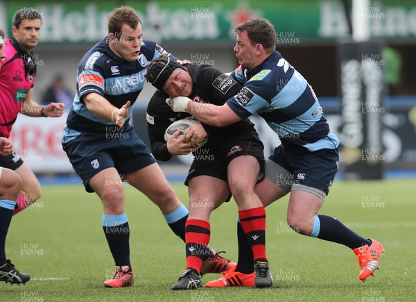 010315 - Cardiff Blues v Edinburgh Rugby, Guinness PRO12 -Edinburgh's WP Nel is held by Cardiff Blues Matthew Rees and Cardiff Blues Sam Hobbs, left 