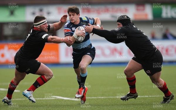 010315 - Cardiff Blues v Edinburgh Rugby, Guinness PRO12 -Cardiff Blues Lloyd Williams gets between Edinburgh's Rory Sutherland and Edinburgh's WP Nel