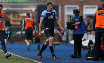 051019 - Cardiff Blues v Edinburgh Rugby - Guinness PRO14 - Seb Davies of Cardiff Blues walks off the field after receiving yellow card