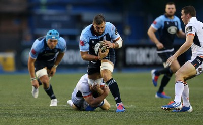 051019 - Cardiff Blues v Edinburgh Rugby - Guinness PRO14 - Josh Turnbull of Cardiff Blues is tackled by Nic Groom of Edinburgh