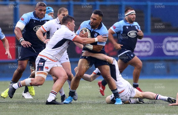 051019 - Cardiff Blues v Edinburgh Rugby - Guinness PRO14 - Willis Halaholo of Cardiff Blues is tackled by Pietro Ceccarelli and George Taylor of Edinburgh