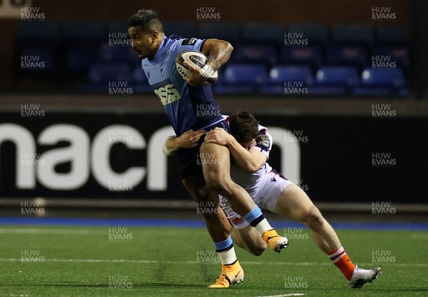 220321 - Cardiff Blues v Edinburgh - Guinness PRO14 - Rey Lee-Lo of Cardiff Blues is tackled by George Taylor of Edinburgh
