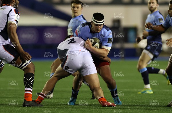 220321 - Cardiff Blues v Edinburgh - Guinness PRO14 - Ellis Jenkins of Cardiff Blues is tackled by Mike Willemse of Edinburgh