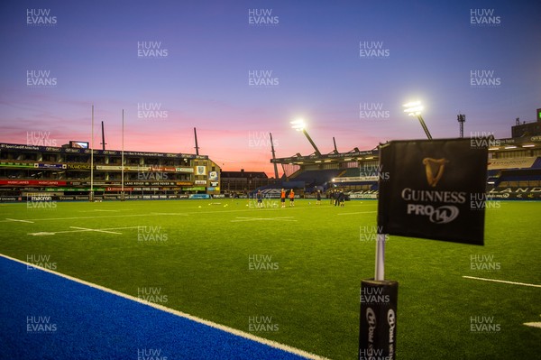 220321 - Cardiff Blues v Edinburgh - Guinness PRO14 - General view of Cardiff Arms Park at dusk