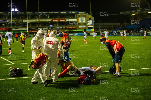 220321 - Cardiff Blues v Edinburgh - Guinness PRO14 - Andrew Davidson of Edinburgh is stretchered off the pitch injured