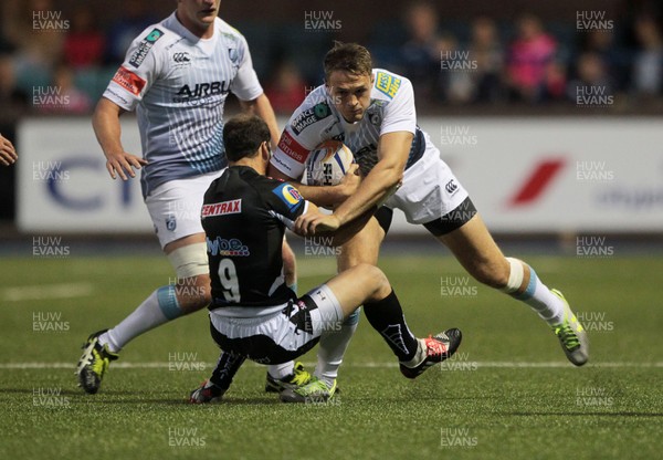 150814 - Cardiff Blues v Exeter - Pre Season Friendly - Cory Allen of Cardiff Blues is tackled by Dave Lewis of Exeter Chiefs 