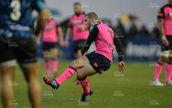 180114 - Cardiff Blues v Exeter - Heineken Cup -Leigh Halfpenny of Cardiff Blues kicks at goal