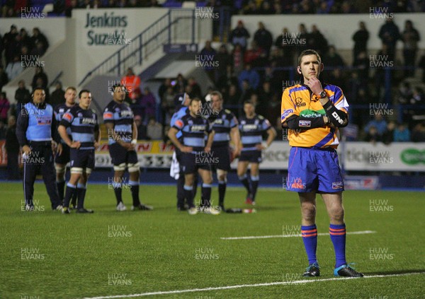 150214 Cardiff Blues v Glasgow Warriors - RaboDirectPro12 -Referee George Clancy watches the big screen while awaiting the TMO decision