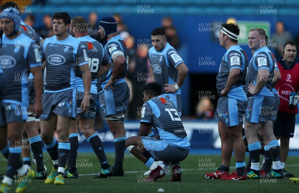 211018 - Cardiff Blues v Glasgow Warriors - Heineken Champions Cup - Dejected Rey Lee-Lo of Cardiff Blues and Cardiff players