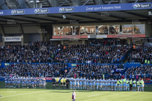211018 - Cardiff Blues v Glasgow Warriors - Heineken Champions Cup - A minutes silence is held at the beginning of the game to remember the Aberfan disaster