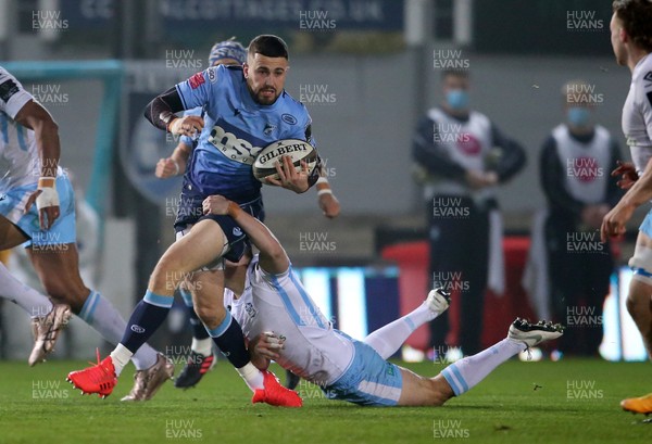 291120 - Cardiff Blues v Glasgow Warriors - Guinness PRO14 - Aled Summerhill of Cardiff Blues is tackled by Robbie Fergusson of Glasgow