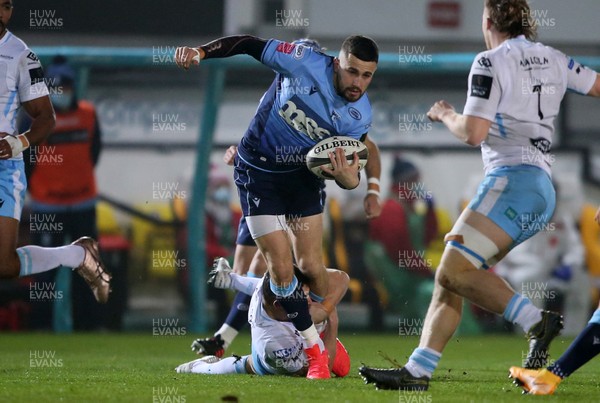 291120 - Cardiff Blues v Glasgow Warriors - Guinness PRO14 - Aled Summerhill of Cardiff Blues is tackled by Robbie Fergusson of Glasgow