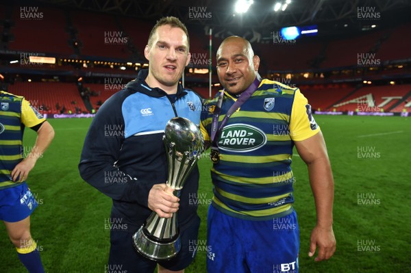 110518 - Cardiff Blues v Gloucester - European Rugby Challenge Cup Final - Gethin Jenkins and Taufa'ao Filise of Cardiff Blues celebrates