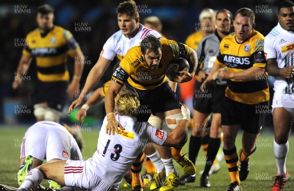 191115 - Cardiff Blues v Harlequins - European Rugby Challenge Cup -Josh Turnbull of Cardiff Blues is tackled by Matt Hopper of Harlequins