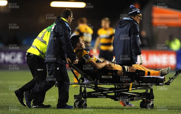 191115 - Cardiff Blues v Harlequins - European Rugby Challenge Cup -Ellis Jenkins of Cardiff Blues is stretchered off the field