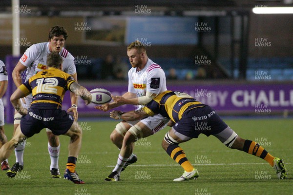 191115 - Cardiff Blues v Harlequins - European Rugby Challenge CupJames Chisholm of Harlequins is tackled by Manoa Vosawai of Cardiff Blues