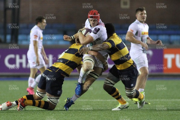 191115 - Cardiff Blues v Harlequins - European Rugby Challenge CupSam Twomey of Harlequins is tackled by Josh Turnbull(L) and  Manoa Vosawai of Cardiff Blues