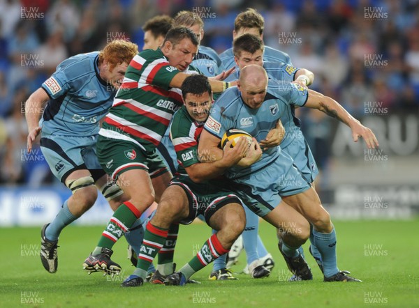 18.08.09 - Cardiff Blues v Leicester Tigers - Pre-Season Friendly - Gareth Thomas of Cardiff Blues is tackled by Jeremy Staunton of Leicester. 