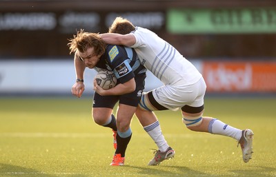 100115 - Cardiff Blues v Leinster - Guinness PRO12 -Kristan Dacey of Cardiff Blues is tackled by Jordi Murphy of Leinster