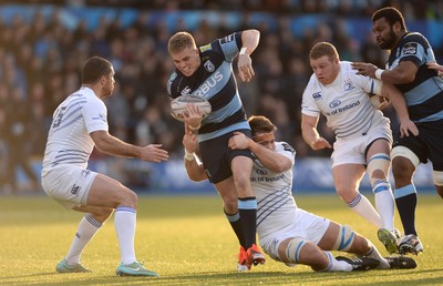 100115 - Cardiff Blues v Leinster - Guinness PRO12 -Gareth Anscombe of Cardiff Blues is tackled by Dominic Ryan of Leinster