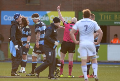 100115 - Cardiff Blues v Leinster - Guinness PRO12 -Referee Neil Paterson shows Jerrad Hoeata of Cardiff Blues a red card