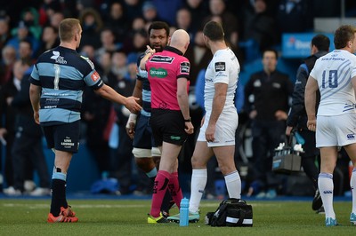 100115 - Cardiff Blues v Leinster - Guinness PRO12 -Manoa Vosawai of Cardiff Blues is shown a yellow card by Referee Neil Paterson