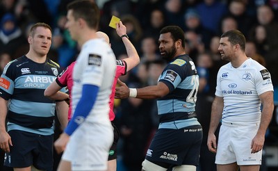 100115 - Cardiff Blues v Leinster - Guinness PRO12 -Manoa Vosawai of Cardiff Blues is shown a yellow card by Referee Neil Paterson