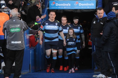 100115 - Cardiff Blues v Leinster - Guinness PRO12 -Gethin Jenkins of Cardiff Blues leads out his side for 150th appearance