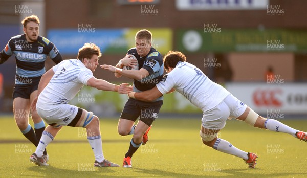 100115 - Cardiff Blues v Leinster - Guinness PRO12 -Gareth Anscombe of Cardiff Blues is tackled by Jordi Murphy and Tom Denton of Leinster