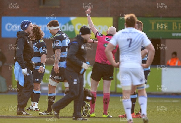 100115 - Cardiff Blues v Leinster - Guinness PRO12 -Referee Neil Paterson shows Jerrad Hoeata of Cardiff Blues a red card