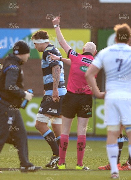 100115 - Cardiff Blues v Leinster - Guinness PRO12 -Referee Neil Paterson shows Jerrad Hoeata of Cardiff Blues a red card