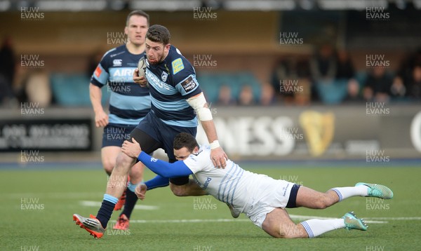 100115 - Cardiff Blues v Leinster - Guinness PRO12 -Alex Cuthbert of Cardiff Blues is tackled by Dave Kearney of Leinster