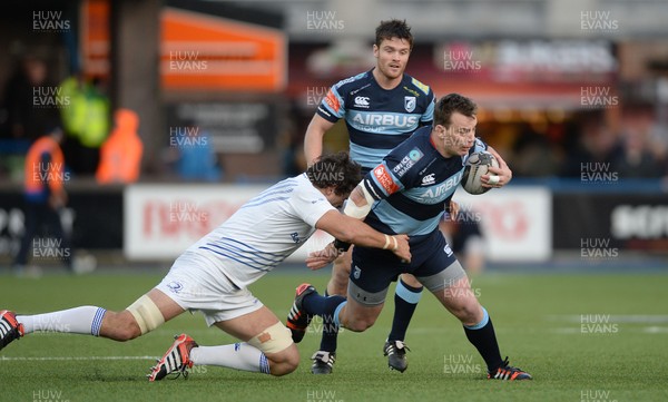 100115 - Cardiff Blues v Leinster - Guinness PRO12 -Matthew Rees of Cardiff Blues is tackled by Tom Denton of Leinster