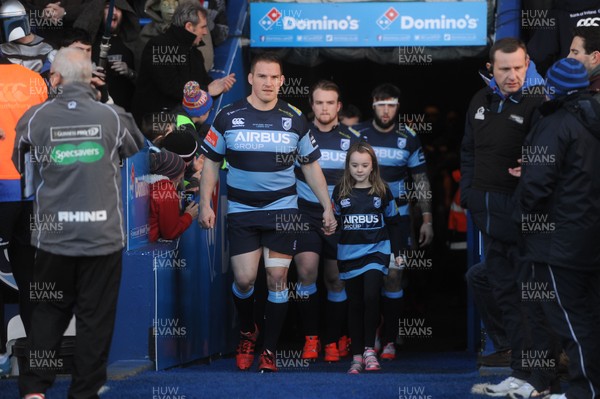 100115 - Cardiff Blues v Leinster - Guinness PRO12 -Gethin Jenkins of Cardiff Blues leads out his side for 150th appearance