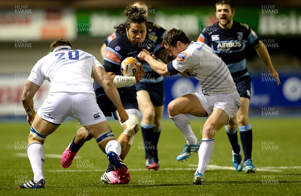 200214 - Cardiff Blues v Leinster - RaboDirect PRO12 -Isaia Tuifua of Cardiff Blues is tackled by Rhys Ruddock and Eoin Reddan