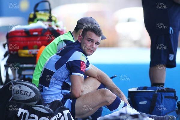 240819 - Cardiff Blues A v Leinster A - Celtic Cup - Tom Habberfield of Cardiff Blues A is dejected after leaving the field with an injury  