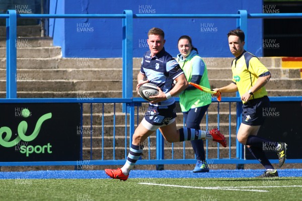 240819 - Cardiff Blues A v Leinster A - Celtic Cup - Edd Howley of Cardiff Blues A scores a try  