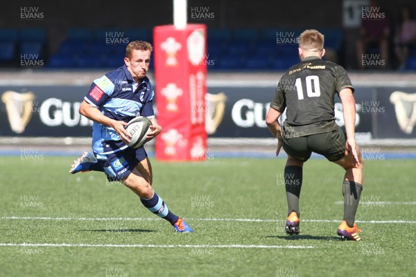 240819 - Cardiff Blues A v Leinster A - Celtic Cup - Ben Jones of Cardiff Blues A takes on Conor Kelly of Leinster A  