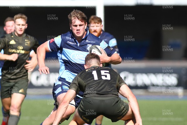 240819 - Cardiff Blues A v Leinster A - Celtic Cup - Callum Bradbury of Cardiff Blues A takes on Micahael Milne of Leinster A  