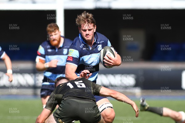240819 - Cardiff Blues A v Leinster A - Celtic Cup - Callum Bradbury of Cardiff Blues A takes on Michael Milne of Leinster A  