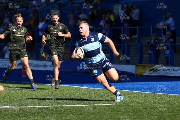240819 - Cardiff Blues A v Leinster A - Celtic Cup - Barney Nightingale of Cardiff Blues scores a try 