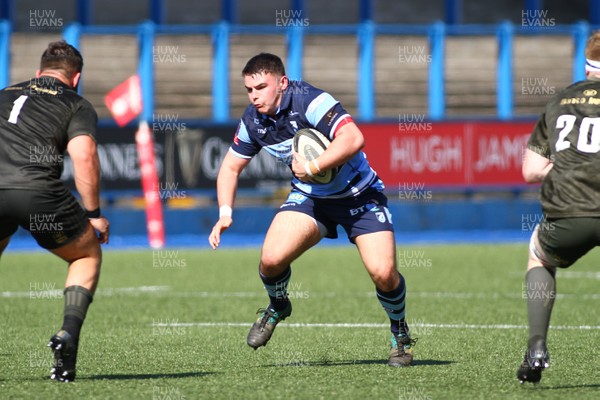 240819 - Cardiff Blues A v Leinster A - Celtic Cup - Cameron Lewis of Cardiff Blues A takes on Michael Milne of Leinster A