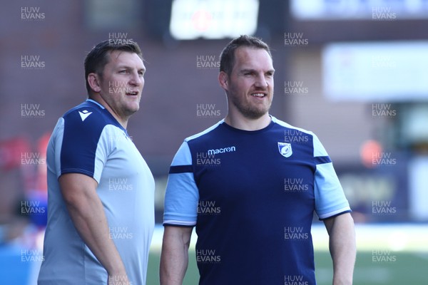 240819 - Cardiff Blues A v Leinster A - Celtic Cup - Craig Everett and Gethin Jenkins of Cardiff Blues A coaching staff