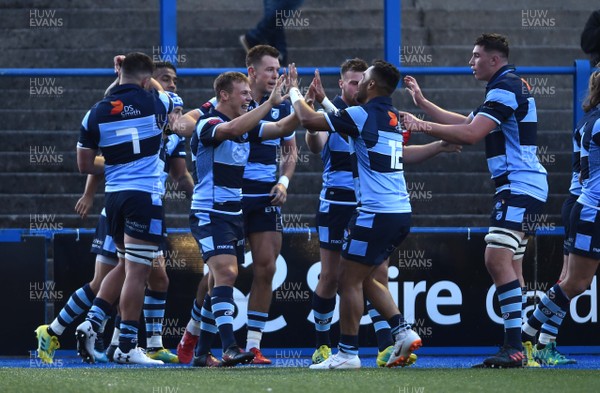 310818 - Cardiff Blues v Leinster - Guinness PRO14 - Cardiff Blues players celebrate Rey Lee-Lo try