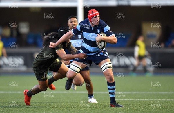 310818 - Cardiff Blues v Leinster - Guinness PRO14 - Seb Davies of Cardiff Blues is tackled by Joe Tomane of Leinster