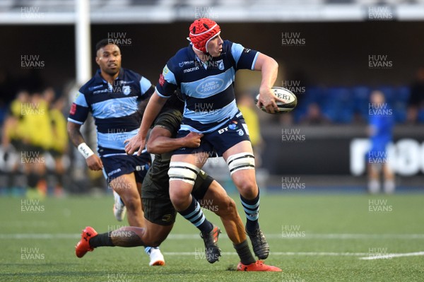 310818 - Cardiff Blues v Leinster - Guinness PRO14 - Seb Davies of Cardiff Blues is tackled by Joe Tomane of Leinster