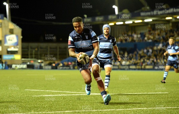 310818 - Cardiff Blues v Leinster - Guinness PRO14 - Rey Lee-Lo of Cardiff Blues scores his second try
