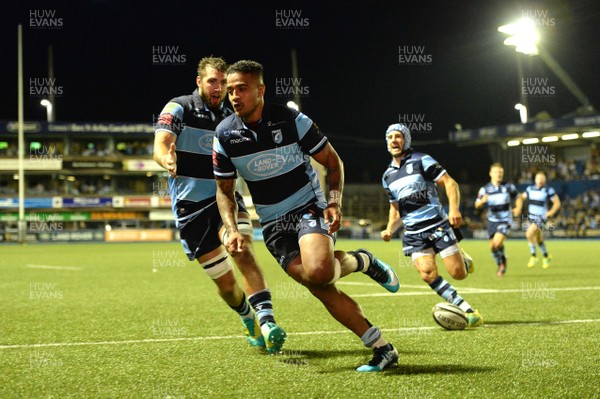 310818 - Cardiff Blues v Leinster - Guinness PRO14 - Rey Lee-Lo of Cardiff Blues scores his second try