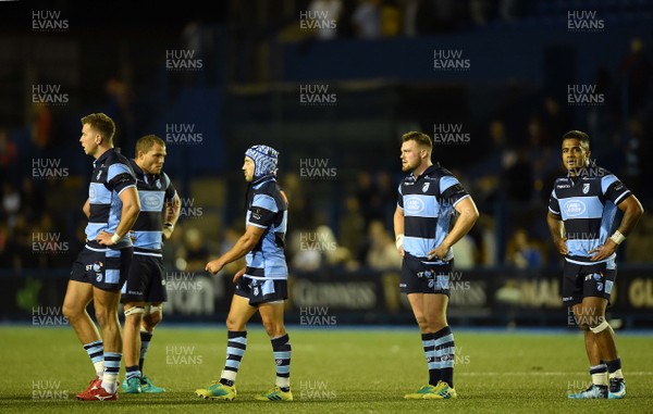 310818 - Cardiff Blues v Leinster - Guinness PRO14 - Jason Harries, Olly Robinson, matthew Morgan, Owen Lane and Rey Lee-Lo of Cardiff Blues looks dejected
