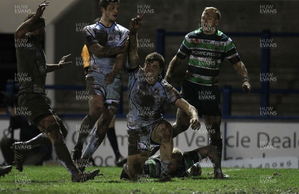 010213 - Cardiff Blues v London Irish, LV= Cup - Cardiff Blues' Gavin Evans celebrates after scoring try